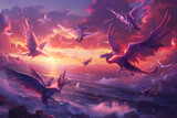 An Ethereal Dance in the Skies: Immortal Creatures Embodied in Mythical Beasts Across a Crimson Sunset