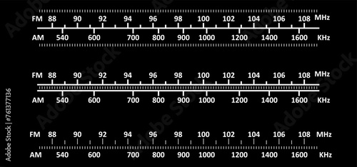 Radio tuner frequency tuning. Analoog dashboard inscription, control panel. Radio receiver tuner dial scale. Old hi-fi Stereo or mono tuner FM AM band. Radio frequency scales. Radio station signal. photo