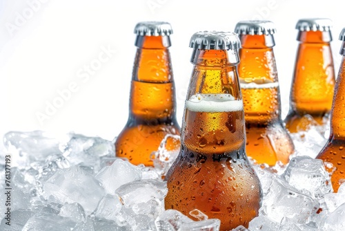 cold bottles of beer in ice isolated on solid white background