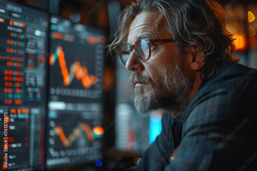 A manager reviewing financial charts and graphs on a computer screen, emphasizing data-driven decision-making in business. Concept of analytics. Generative Ai. A manager reviewing financial charts and graphs on a computer screen, emphasizing data-driven decision-making in business. Concept of analytics. Generative Ai.