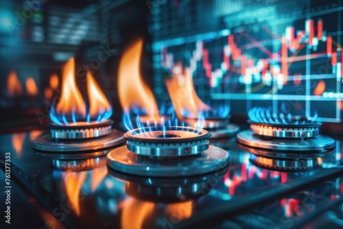 gas stove burners. natural gas. cost growth concept with gas burners and stock charts blurred on background