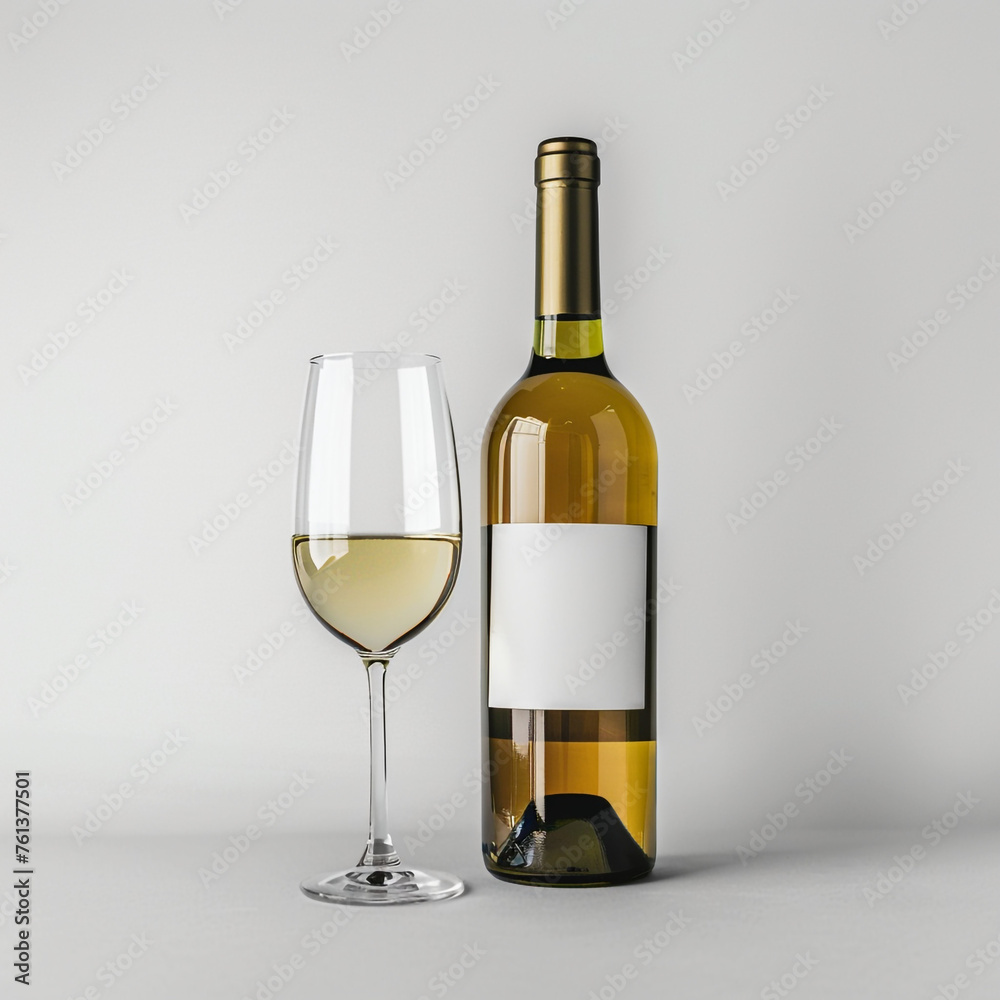 wine bottle with white wine glass standing in style of advertising photoshoot, isolated on white clean background сreated with Generative Ai