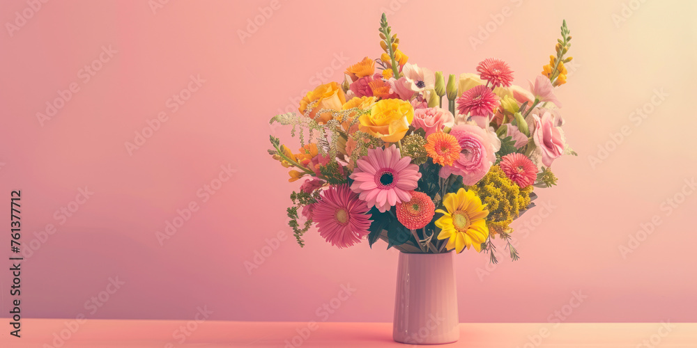 Obraz premium Flower bouquet with vase pink yellow creative floral design.