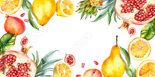 Fruits top view frame with papaya  pear  mango  pomegranate  lemon  peach  pineapple. Hand draw.