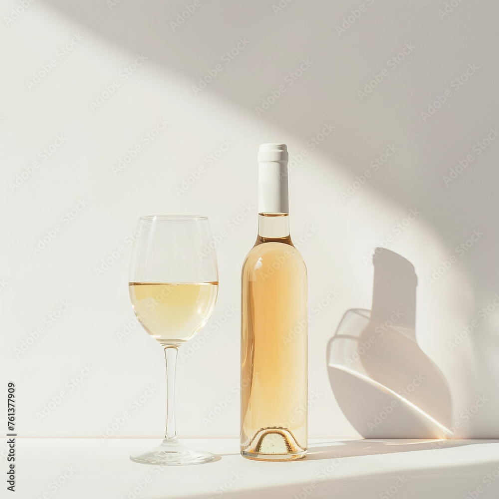 wine bottle with white wine glass standing in style of advertising photoshoot, isolated on white clean background сreated with Generative Ai
