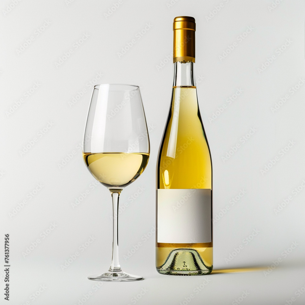 Fototapeta premium wine bottle with white wine glass standing in style of advertising photoshoot, isolated on white clean background сreated with Generative Ai