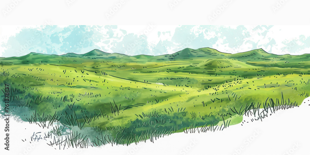Green grass field on small hills. Meadow, alkali, lye, grassland, sketch illustration. - obrazy, fototapety, plakaty 