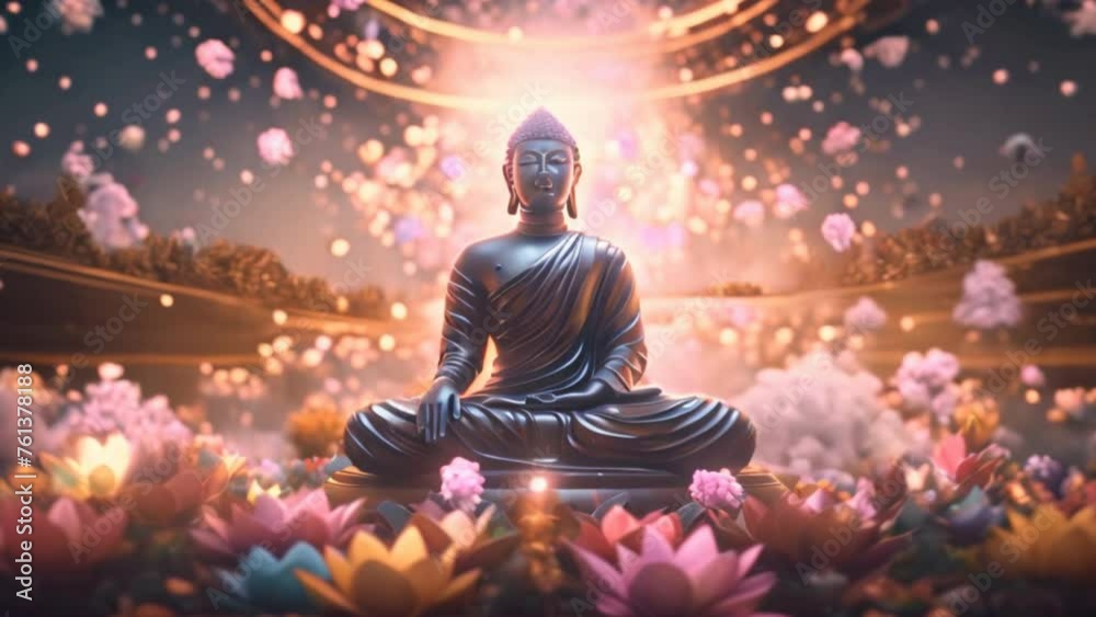 The Buddha's head is full and detailed on a colorful background. digital art collage The Buddha's head is full and detailed on a colorful background. digital art collage