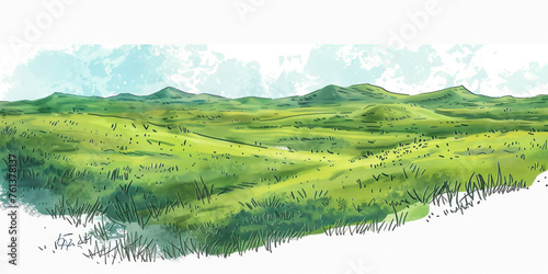 Green grass field on small hills. Meadow, alkali, lye, grassland, sketch illustration. photo