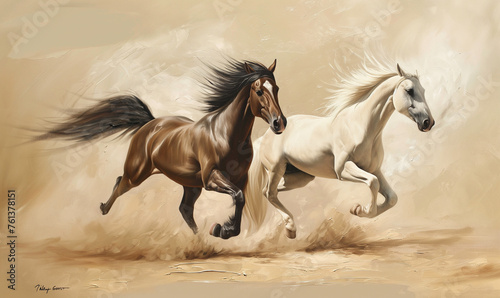 A pair of horses running side by side, their fur ruffled by the wind, with a background that is abstract and textured, creating an oil painting effect, Generative Ai