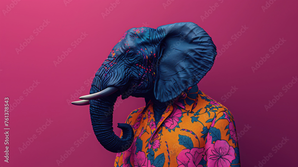 Obraz premium Colorful cartoon elephant head in men's summer clothes.
