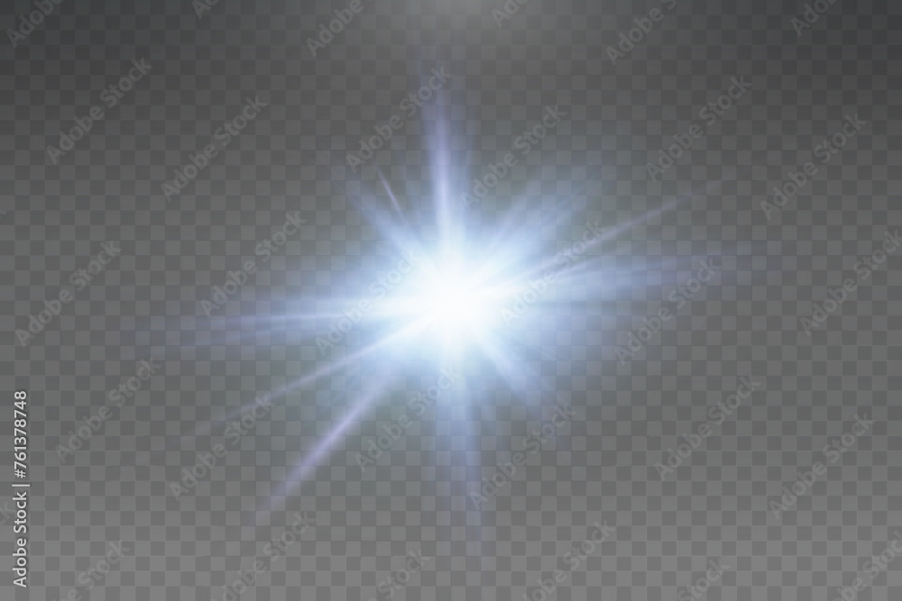Set of realistic vector blue stars png. Set of vector suns png. White flares with highlights.