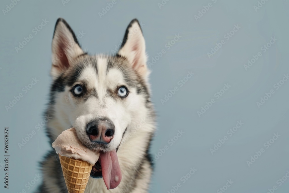 Siberian Husky dog with tongue hanging out and big bulging eyes eat ice cream cone