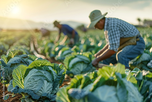 Group of male farmers diligently harvesting white cabbage in lush green field, showcasing agricultural bounty.