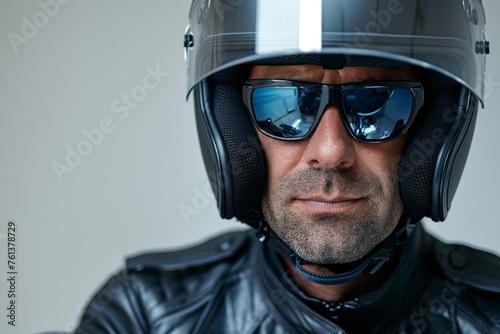 Close-up of a determined motorcycle police officer in helmet and sunglasses