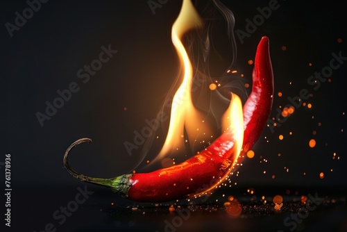 A flaming hot red chilli pepper on fire. Burning hot spicy chilli food isolated on solid black background