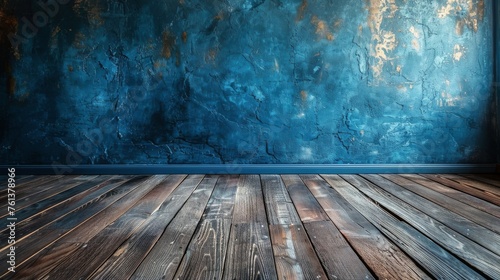 Empty Room With Blue Wall and Wooden Floor