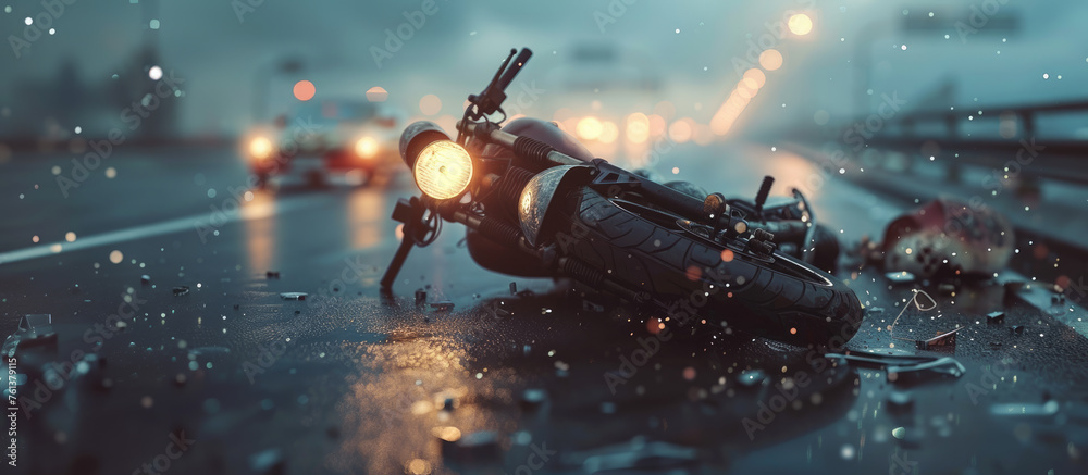 Motorcycle accident on highway, crashed motorbike moto insurance and safe driving concept
 - obrazy, fototapety, plakaty 
