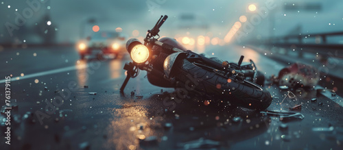 Motorcycle accident on highway, crashed motorbike moto insurance and safe driving concept 