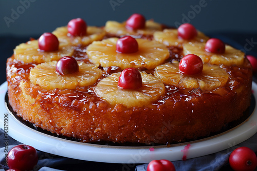 A pineapple upside down cake topped with cherries on a plate