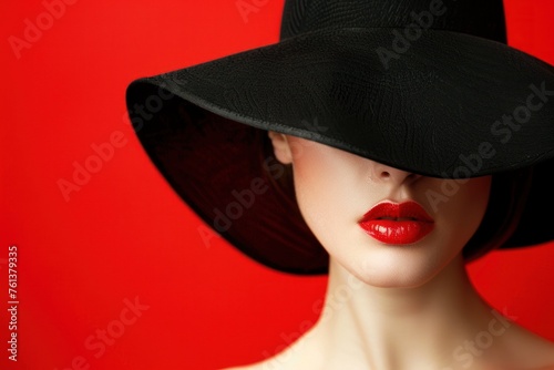 Fashion portrait of a woman with face hidden by elegant black hat and bright red lips