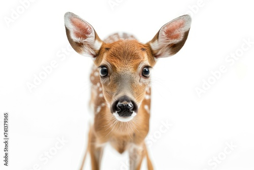 full body Funny Portrait of surprised running doe with bulging big eyes on solid white background.