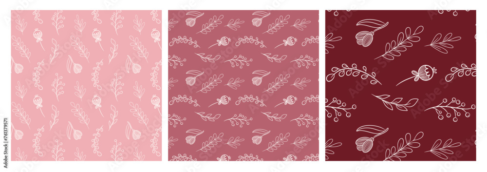 Set of floral patterns on multi-colored backgrounds. Seamless hand-drawn floral pattern