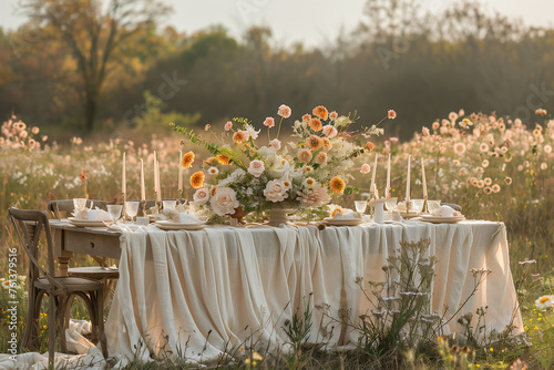 A white table cloth adorned with flowers  in a field photo