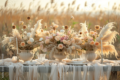 White table outdoors adorned with vases filled with colorful flowers  in a field © alenagurenchuk