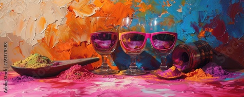 Fashionable and Colorful Glassware with Paint Splatters photo