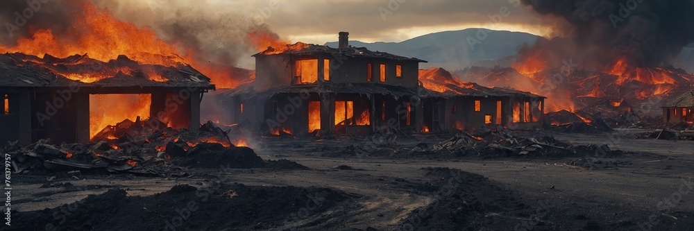 Landscape with destroyed houses after volcanic eruption Landscape with destroyed houses after volcanic eruption