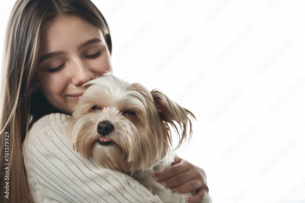 The portrait happy female owner with her little cute dog, hugging on a white background copy space The portrait happy female owner with her little cute dog, hugging on a white background copy space