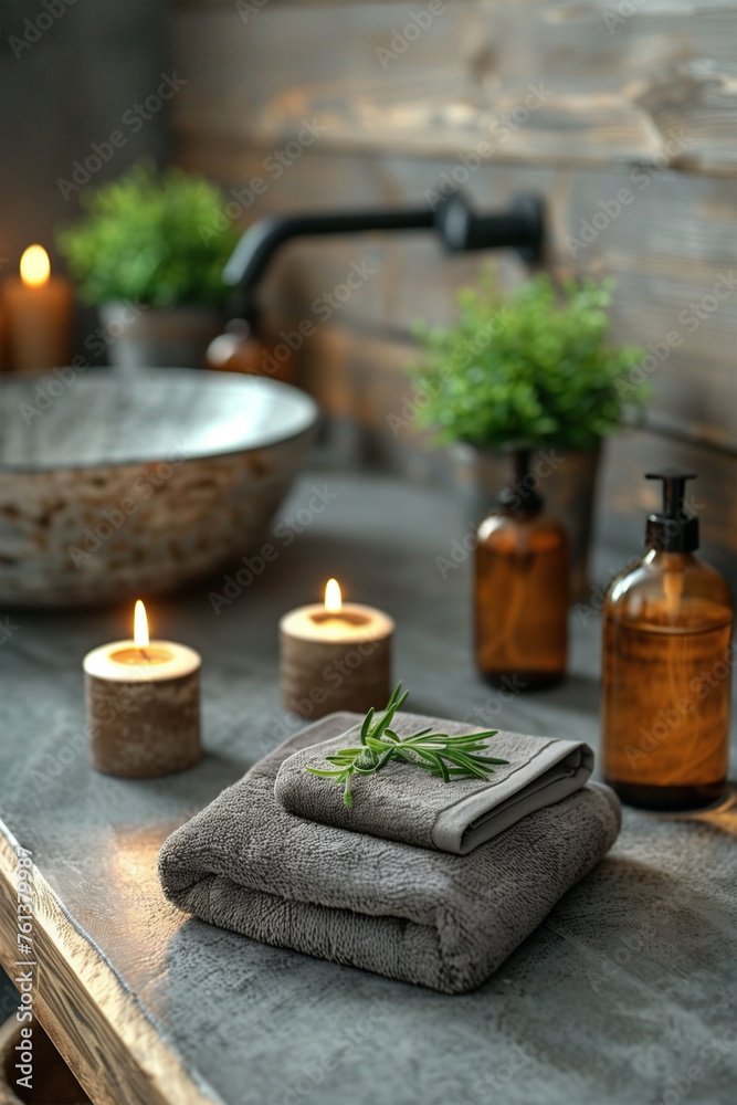 Towels and candles neatly placed on a bathroom table, spa massage products, wellness