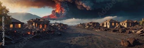 Landscape with destroyed houses after volcanic eruption