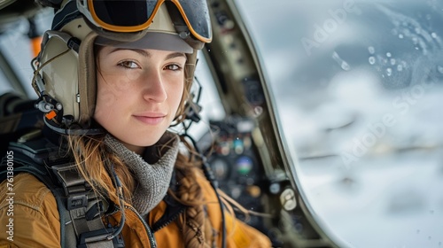Woman Wearing Headphones in Cockpit of Plane
