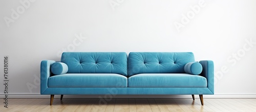 A violet studio couch is placed in front of a white wall in a living room, providing comfort and style. The rectangular furniture piece complements the flooring