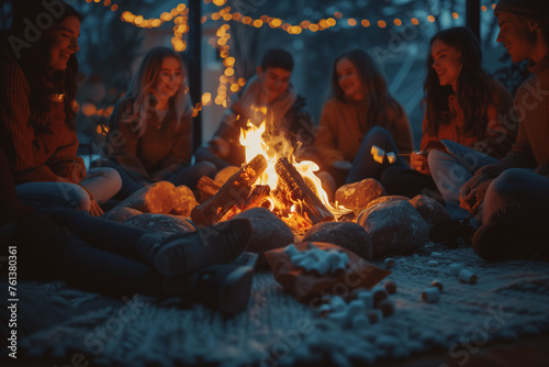 A group of people sitting around a fire, with one person holding a cell phone © руслан малыш