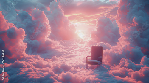 An empty chair in surreal pink heaven surrounded by clouds. Surreal dreamscape. photo