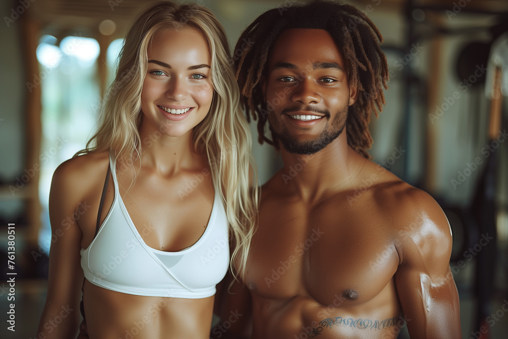 athletic couple man and woman smiling at the camera athletic couple man and woman smiling at the camera