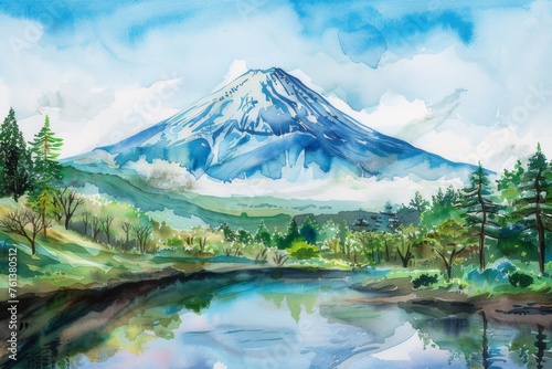 Watercolor of Mount Fuji in Japan