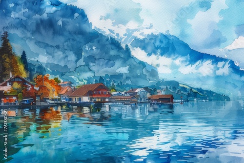 Watercolor image of a mountain lake in the harbor of Iseltwald at Lake Brienz in Switzerland. photo