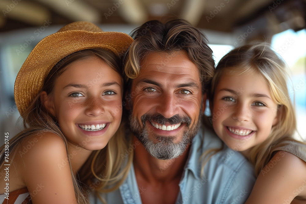 A man and two children are smiling for the camera A man and two children are smiling for the camera