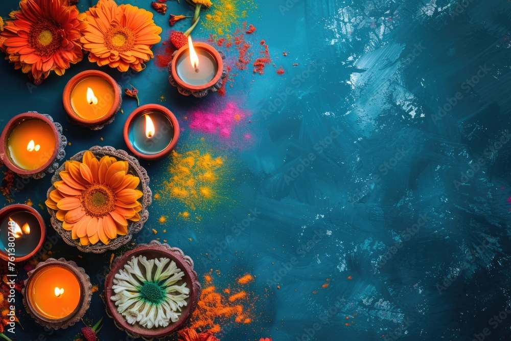 Colorful Divali Celebration with Candles and Flowers - 40 colorful candles and flowers arranged beautifully