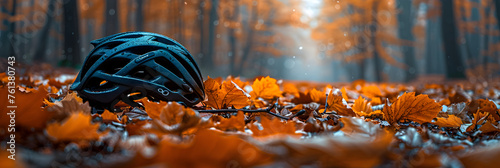 A solitary cycling helmet lies amidst fallen aut,
Bicycle helmet on autumn leaves background with copy space to text 3d background wallpaper photo
