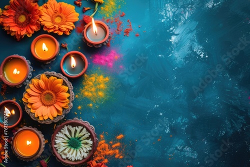 Colorful Divali Celebration with Candles and Flowers - 40 colorful candles and flowers arranged beautifully photo