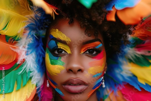 portrait of a beautiful african american woman with painted face and colorful feathers, abstract colorful makeup