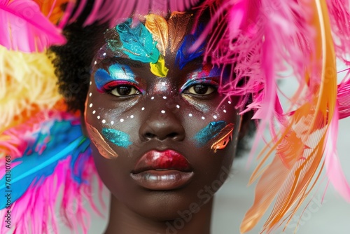 portrait of a beautiful african american woman with painted face and colorful feathers, abstract colorful makeup © Igor