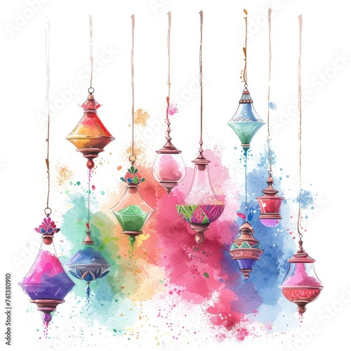 Colorful Painted Lanterns Swinging in the Wind photo
