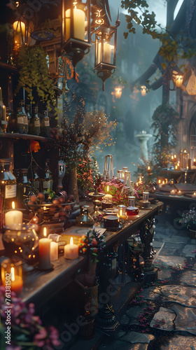 Magical marketplace with vendors selling potions, spellbooks, and enchanted jewelry.