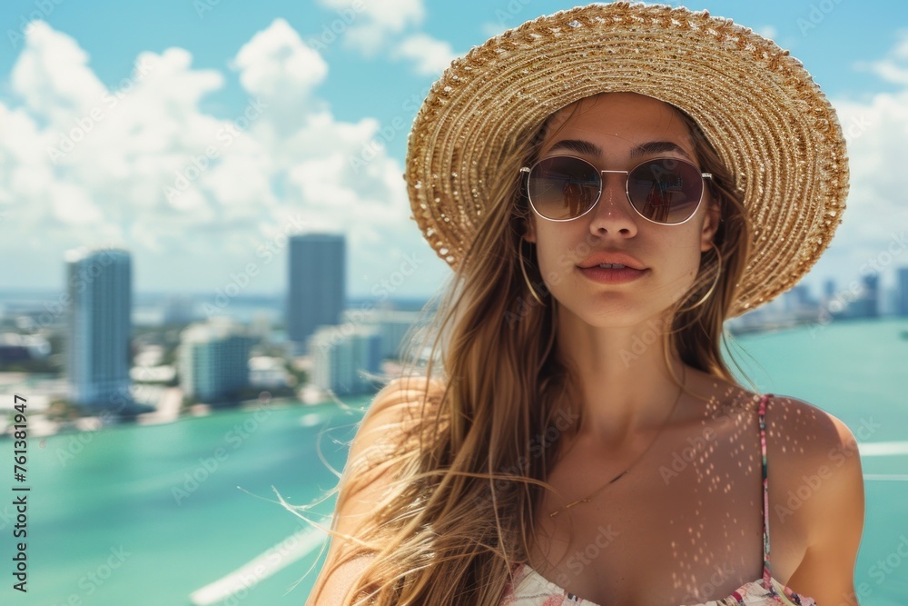 Female fashion model with summer hat and sunglasses